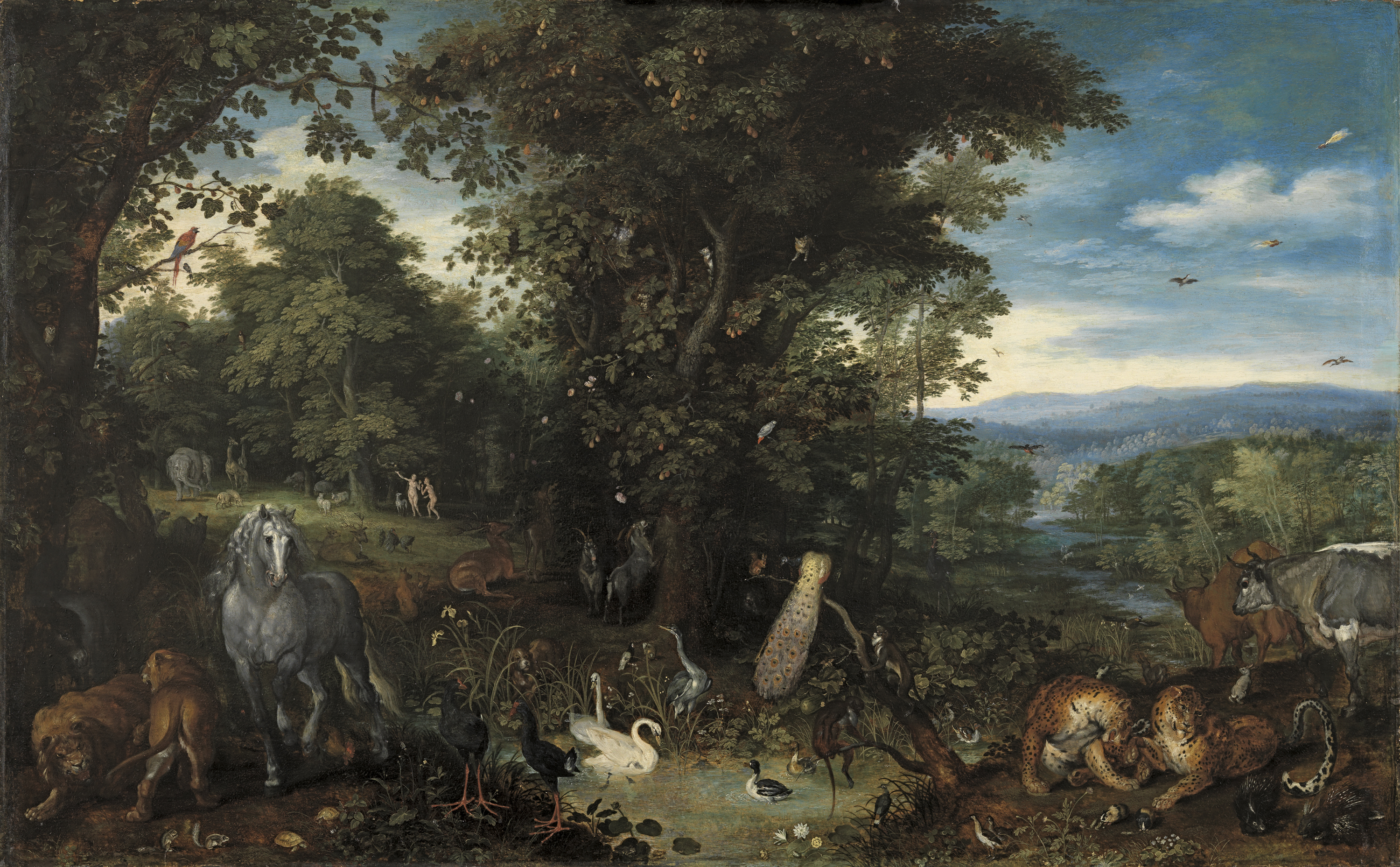 A painting showing animals thriving in the garden of Eden