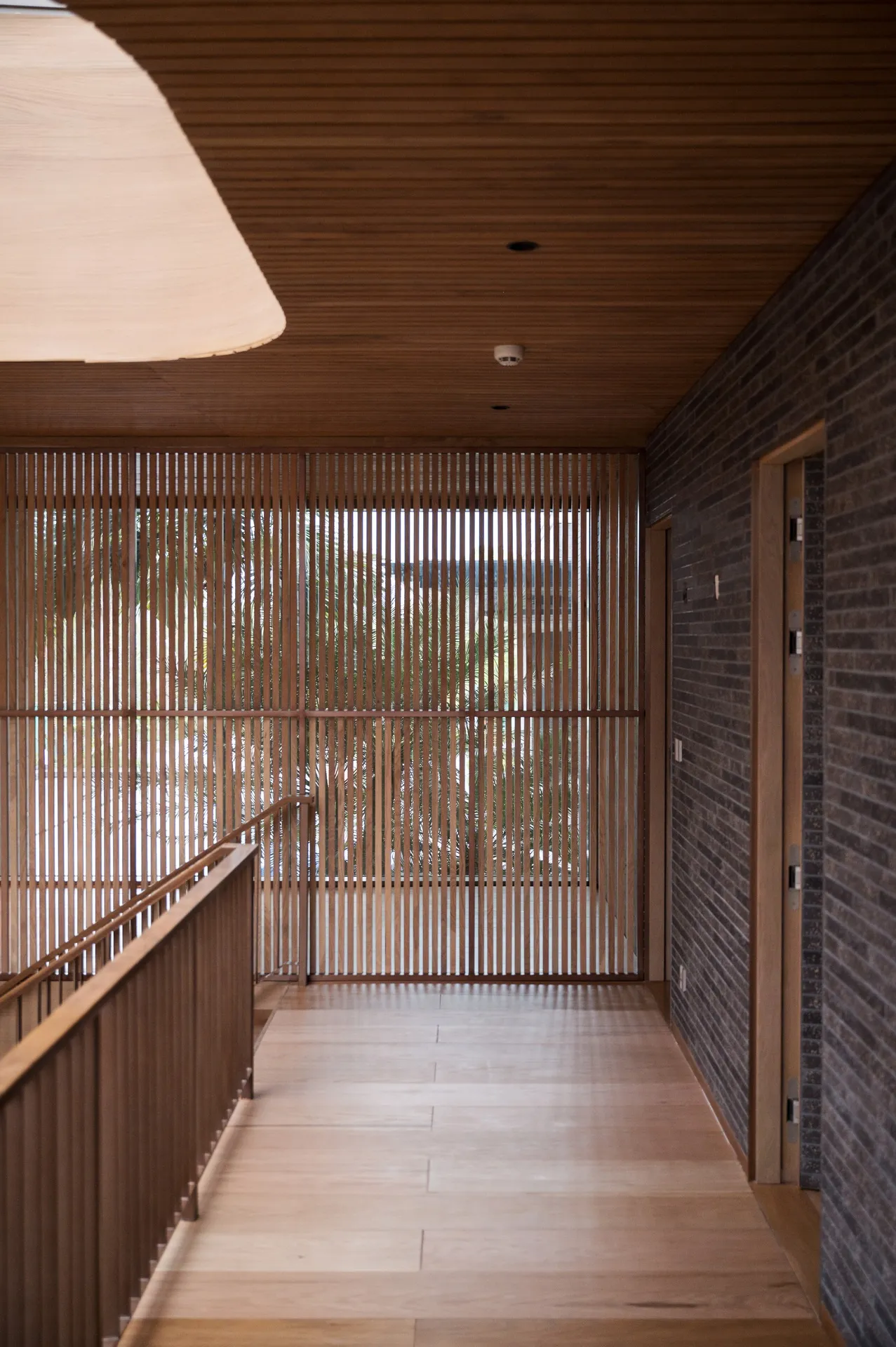 A corridor leading to a wall made of wood with light coming through