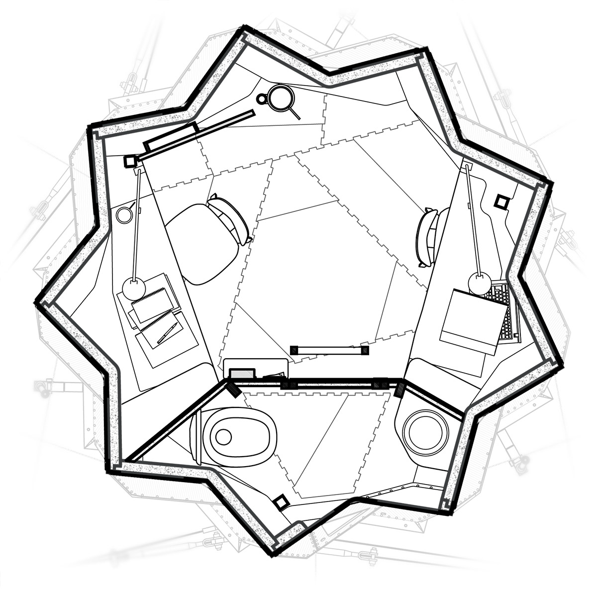 floor plan of the lower half of the habitat