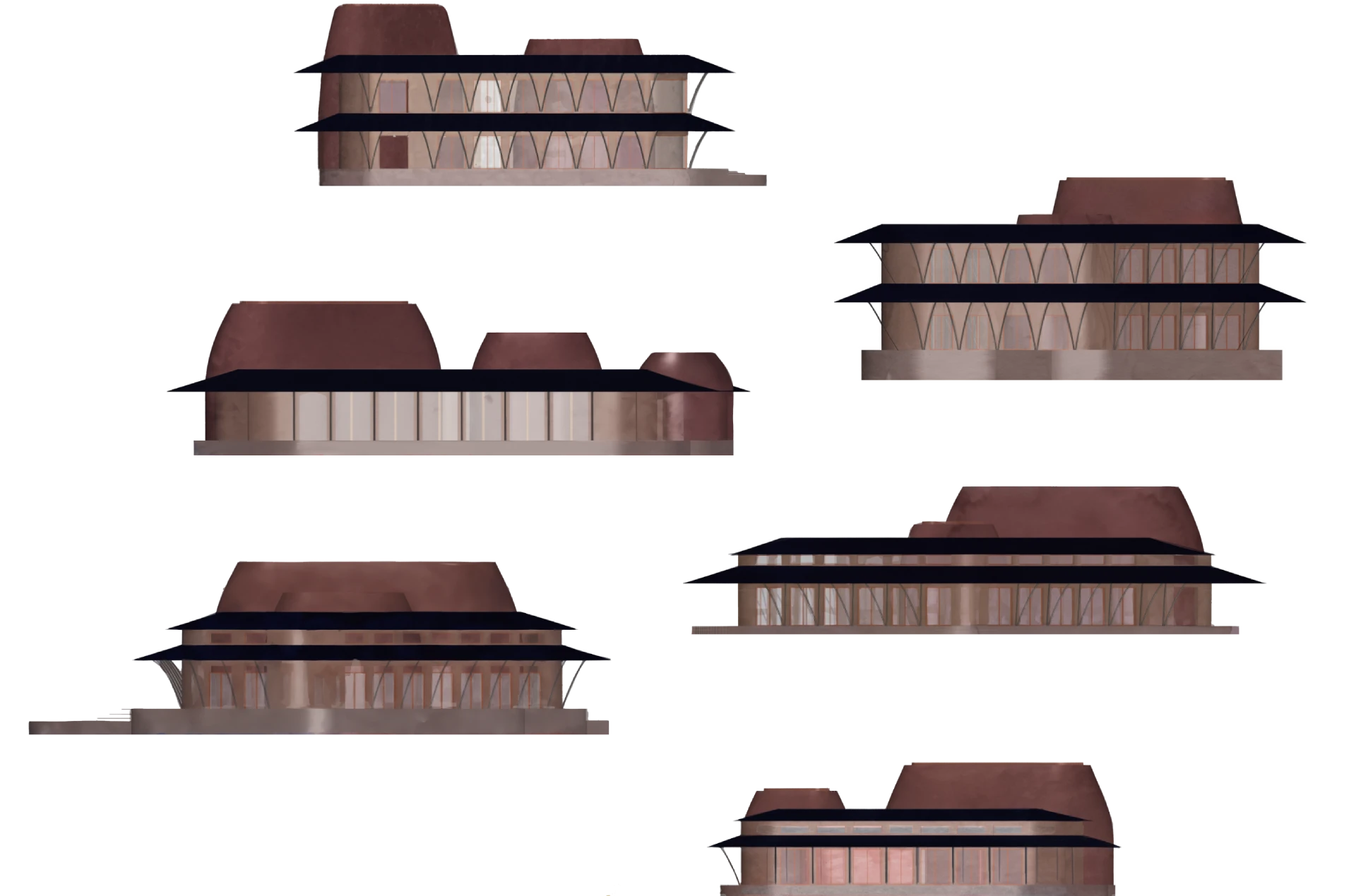 Each building seen from the side with print time labels next to them